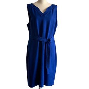 Talbots Dress Midi Sleeveless V-neck Tie Belt Bright Blue 14 Business Casual